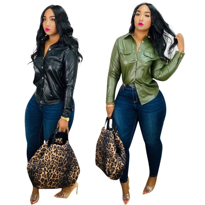 Pu Long Sleeve Shirt Top Female $45.99 Dana Fashion Color: Black Size: L Women's clothing Product information: Color: black, green Clothing placket: single-breasted Size: S,M,L,XL,XXL Version: slim fit With a belt or not: no belt Style type: Street hipste