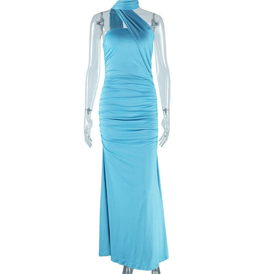 Pure Color Halter Sexy Backless Ribbon Split Dress $30.99 Dana Fashion Color: Lake Blue Size: L Women's clothing Product information: Pattern: solid color Skirt type: asymmetric skirt Waist Type: Mid waist Size: S,M,L Style type: Sexy Combination form: Si