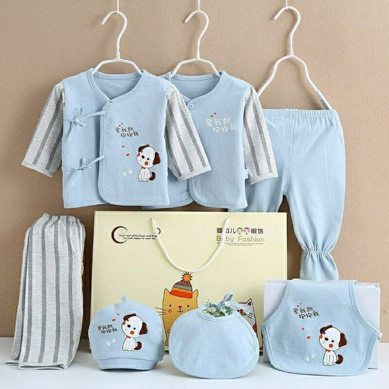 Pure Cotton Baby Clothes Spring And Autumn Summer Children Gift Box Set $39.50 Dana Fashion Color: Blue style: Vintage puppy Child size: 59cm Baby Clothing Product information: Suitable age group: middle and large children (over 8 years old, over 140cm) E