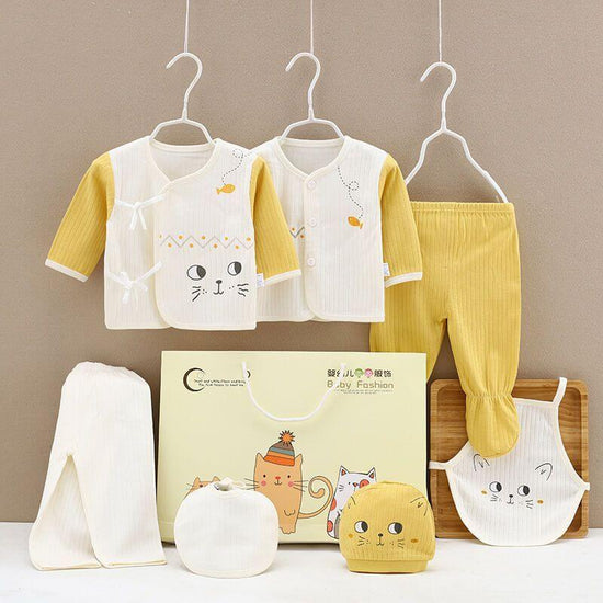 Pure Cotton Baby Clothes Spring And Autumn Summer Children Gift Box Set $39.50 Dana Fashion Color: Yellow style: Cat Child size: 59cm Baby Clothing Product information: Suitable age group: middle and large children (over 8 years old, over 140cm) Elements: