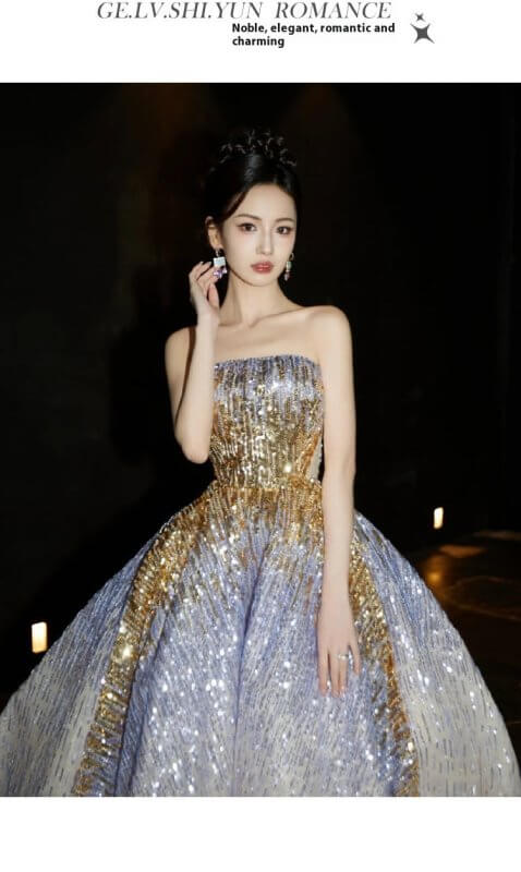 Purple Tube Top Light Miniature High-end Banquet Embossed Toast Dress $119.50 Dana Fashion Color: Picture Color Size: L Women's clothing Product information: Color: Picture color (floor-length) Waist Type: Mid waist Size: S,M,L,XL,XXL,XXXL Skirt length: l
