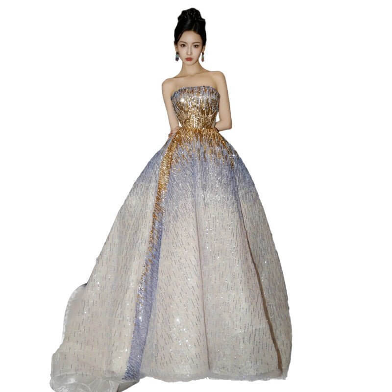Purple Tube Top Light Miniature High-end Banquet Embossed Toast Dress $119.50 Dana Fashion Color: Picture Color Size: L Women's clothing Product information: Color: Picture color (floor-length) Waist Type: Mid waist Size: S,M,L,XL,XXL,XXXL Skirt length: l