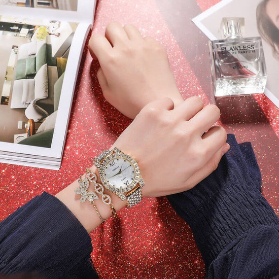 Quartz Watch Diamond Butterfly Zircon Bracelet $59.00 Dana Fashion Color: Gold Women's Accessories Product information: Special functions: decoration, chronograph, calendar Display Type: Pointer Style: fashion Mirror material: ordinary glass mirror Buckle