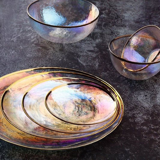 Rainbow Ion Plated Hammer Pattern Glass Plate Bowl Fruit Plate Bowl Set $21.30 Dana Fashion Color: 10style Dana's Kitchen Product information: Material: Glass Shape: round Color: 1style Phnom Penh Rainbow Bowl 6"[Diameter 15cm] 2style Phnom Penh Rainbow B