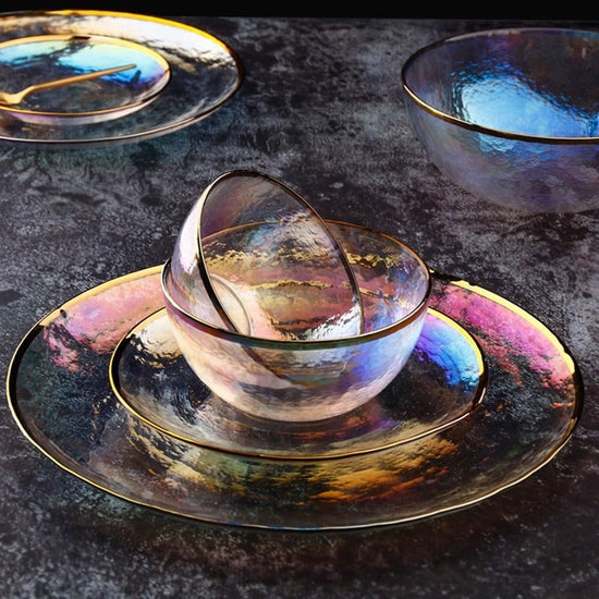 Rainbow Ion Plated Hammer Pattern Glass Plate Bowl Fruit Plate Bowl Set $21.30 Dana Fashion Color: 10style Dana's Kitchen Product information: Material: Glass Shape: round Color: 1style Phnom Penh Rainbow Bowl 6