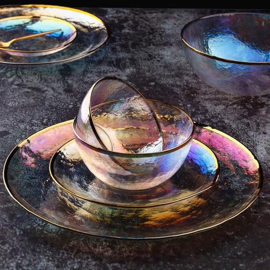 Rainbow Ion Plated Hammer Pattern Glass Plate Bowl Fruit Plate Bowl Set $21.30 Dana Fashion Color: 10style Dana's Kitchen Product information: Material: Glass Shape: round Color: 1style Phnom Penh Rainbow Bowl 6"[Diameter 15cm] 2style Phnom Penh Rainbow B