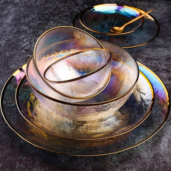 Rainbow Ion Plated Hammer Pattern Glass Plate Bowl Fruit Plate Bowl Set $21.30 Dana Fashion Color: 10style Dana's Kitchen Product information: Material: Glass Shape: round Color: 1style Phnom Penh Rainbow Bowl 6
