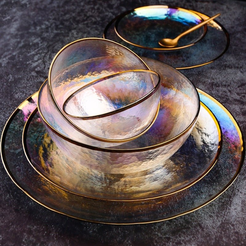 Rainbow Ion Plated Hammer Pattern Glass Plate Bowl Fruit Plate Bowl Set $21.30 Dana Fashion Color: 10style Dana's Kitchen Product information: Material: Glass Shape: round Color: 1style Phnom Penh Rainbow Bowl 6"[Diameter 15cm] 2style Phnom Penh Rainbow B