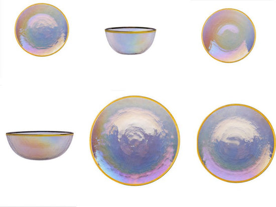 Rainbow Ion Plated Hammer Pattern Glass Plate Bowl Fruit Plate Bowl Set $259.62 Dana Fashion Color: Set Dana's Kitchen Product information: Material: Glass Shape: round Color: 1style Phnom Penh Rainbow Bowl 6