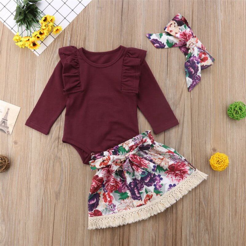 Ramia Ruffle Set Toddler Baby Girls Ruffles Long Sleeve Tops Romper Floral Skirts Headband Outfit Clothes $23.28 Dana Fashion Height: 100cm Baby Clothing Newest Fashion Baby Girls Outfits !! High quality and Brand new 100% Main Color: AS The Picture New i