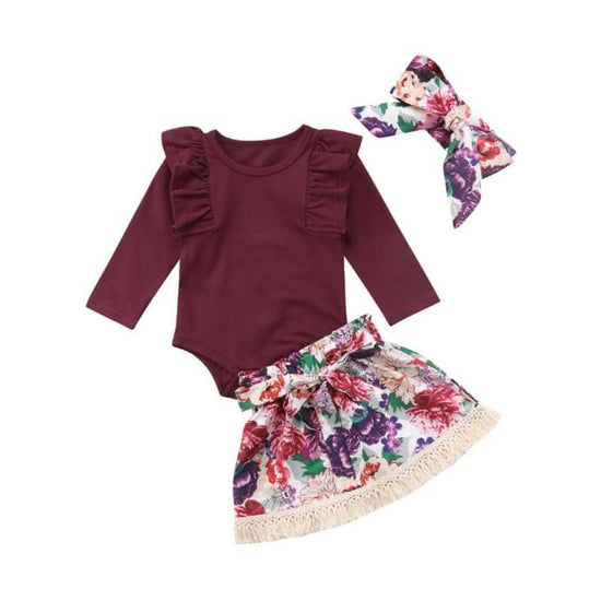 Ramia Ruffle Set Toddler Baby Girls Ruffles Long Sleeve Tops Romper Floral Skirts Headband Outfit Clothes $23.28 Dana Fashion Height: 100cm Baby Clothing Newest Fashion Baby Girls Outfits !! High quality and Brand new 100% Main Color: AS The Picture New i