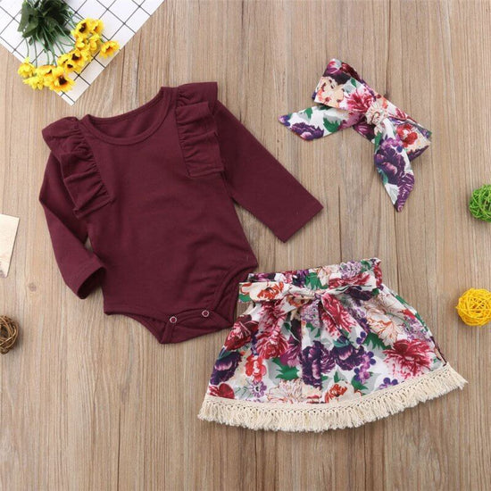 Ramia Ruffle Set Toddler Baby Girls Ruffles Long Sleeve Tops Romper Floral Skirts Headband Outfit Clothes $23.28 Dana Fashion Height: 100cm Baby Clothing Newest Fashion Baby Girls Outfits !! High quality and Brand new 100% Main Color: AS The Picture New i