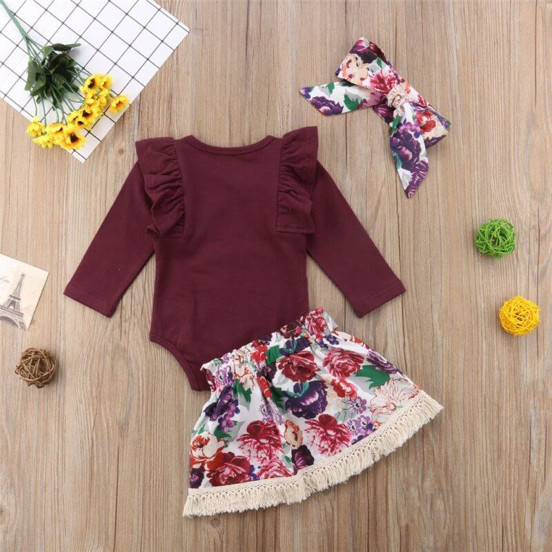 Ramia Ruffle Set Toddler Baby Girls Ruffles Long Sleeve Tops Romper Floral Skirts Headband Outfit Clothes $23.28 Dana Fashion Height: 100cm Baby Clothing Newest Fashion Baby Girls Outfits !! High quality and Brand new 100% Main Color: AS The Picture New i