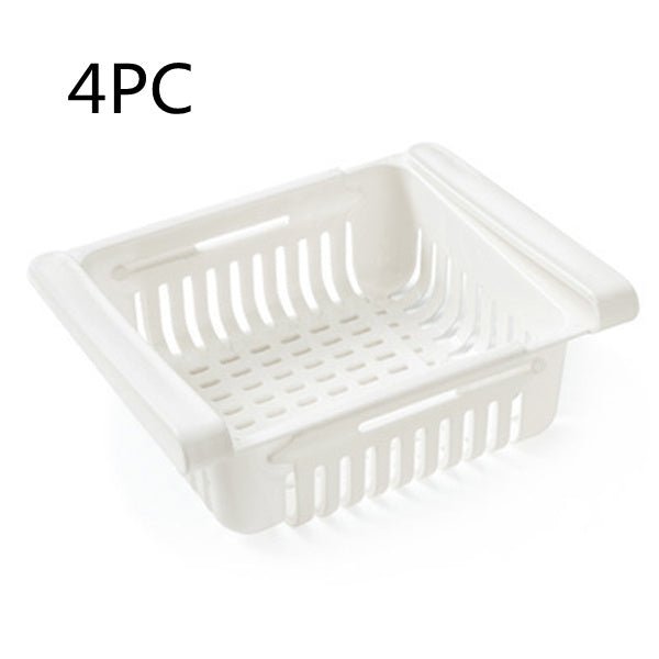 Refrigerator Storage Basket Stretchable Multifunction Kitchen Refrigerator Storage Box $34.61 Dana Fashion Color: White 4pcs Dana's Kitchen Overview: 1. Stretchable Design: You can adjust the holder according to the size of your belongings 2. Durable: Mad