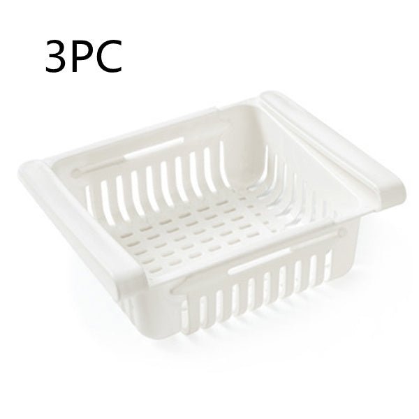 Refrigerator Storage Basket Stretchable Multifunction Kitchen Refrigerator Storage Box $30.44 Dana Fashion Color: White 3pcs Dana's Kitchen Overview: 1. Stretchable Design: You can adjust the holder according to the size of your belongings 2. Durable: Mad
