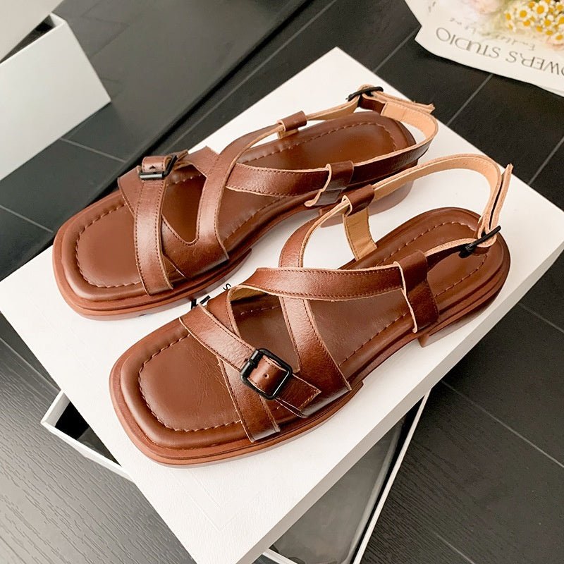 Retro Cross Strap Genuine Leather Open Toe Sandals Stylish Low Heel Roman Style Beach Shoes $89.50 Dana Fashion Color: Brown Size: 34 Women's shoes Product information: Toe bracket shape: square head Color: apricot, Brown, apricot Upper height: low top Sh