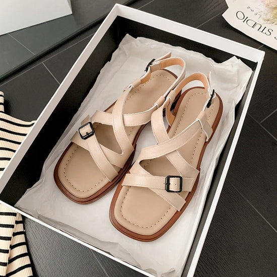 Retro Cross Strap Genuine Leather Open Toe Sandals Stylish Low Heel Roman Style Beach Shoes $89.50 Dana Fashion Color: Beige Apricot Size: 34 Women's shoes Product information: Toe bracket shape: square head Color: apricot, Brown, apricot Upper height: lo