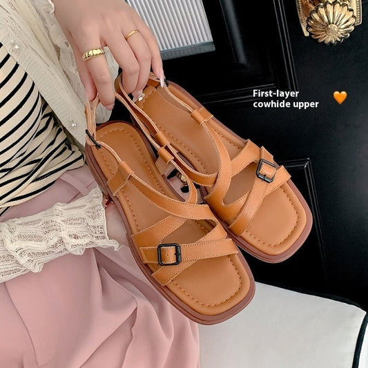 Retro Cross Strap Genuine Leather Open Toe Sandals Stylish Low Heel Roman Style Beach Shoes $89.50 Dana Fashion Color: Apricot Yellow Size: 34 Women's shoes Product information: Toe bracket shape: square head Color: apricot, Brown, apricot Upper height: l