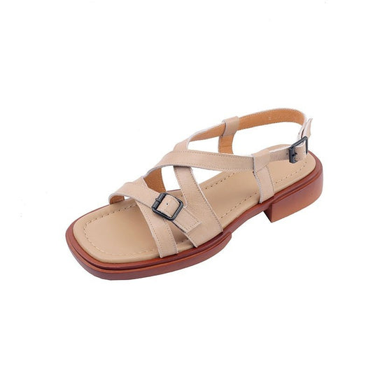 Retro Cross Strap Genuine Leather Open Toe Sandals Stylish Low Heel Roman Style Beach Shoes $89.50 Dana Fashion Color: Apricot Yellow Size: 34 Women's shoes Product information: Toe bracket shape: square head Color: apricot, Brown, apricot Upper height: l