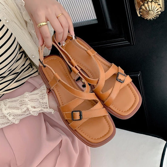 Retro Cross Strap Genuine Leather Open Toe Sandals Stylish Low Heel Roman Style Beach Shoes $89.50 Dana Fashion Color: Apricot Yellow Size: 34 Women's shoes Product information: Toe bracket shape: square head Color: apricot, Brown, apricot Upper height: l