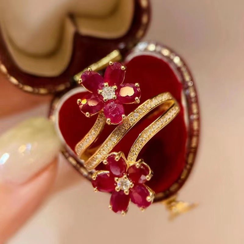Retro Exquisite High-grade Flower Ruby Ring For Women $26.56 Dana Fashion Color: X1815 Ring Size: Adjustable Opening Women's Accessories Product information: Type: open mouth Treatment Process: Electroplating Color: x1815 Applicable people: women Size: ad