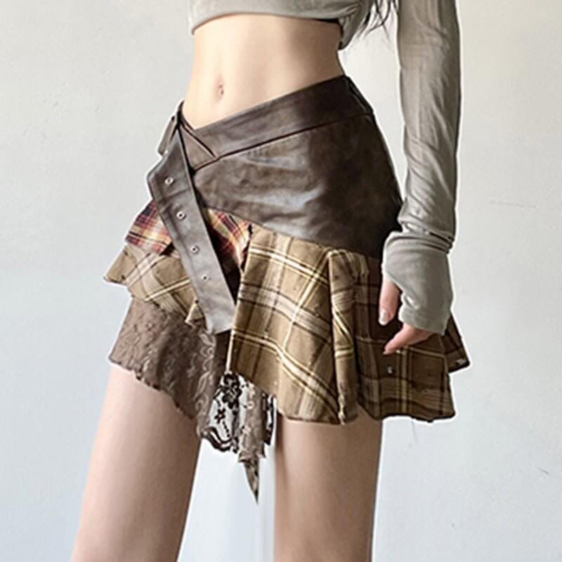 Retro Irregular Plaid Color Contrast Patchwork Skirt New $49.90 Dana Fashion Color: Brown Size: L Women's clothing Product information: Pattern: Plaid Fabric name: woven material Skirt type: asymmetric skirt Color: Brown Elasticity: Micro elasticity Main