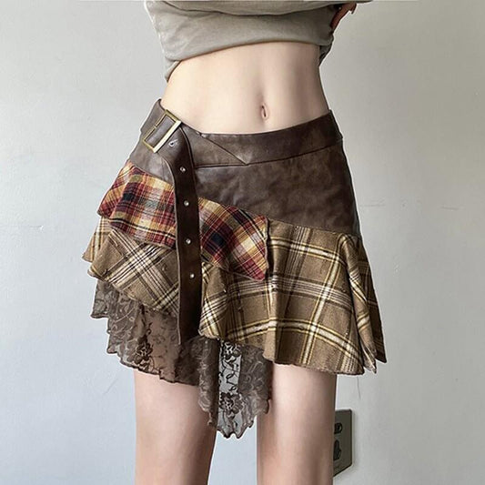 Retro Irregular Plaid Color Contrast Patchwork Skirt New $49.90 Dana Fashion Color: Brown Size: L Women's clothing Product information: Pattern: Plaid Fabric name: woven material Skirt type: asymmetric skirt Color: Brown Elasticity: Micro elasticity Main