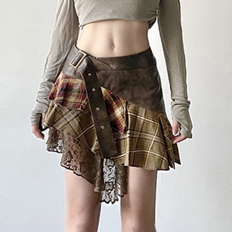 Retro Irregular Plaid Color Contrast Patchwork Skirt New $49.90 Dana Fashion Color: Brown Size: L Women's clothing Product information: Pattern: Plaid Fabric name: woven material Skirt type: asymmetric skirt Color: Brown Elasticity: Micro elasticity Main