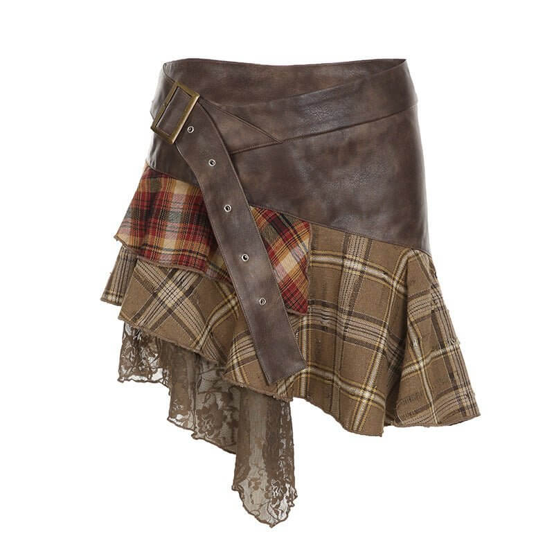 Retro Irregular Plaid Color Contrast Patchwork Skirt New $49.90 Dana Fashion Color: Brown Size: L Women's clothing Product information: Pattern: Plaid Fabric name: woven material Skirt type: asymmetric skirt Color: Brown Elasticity: Micro elasticity Main