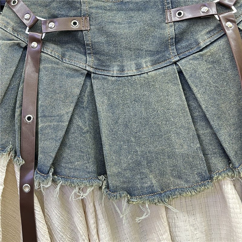 Retro Patchwork Denim Pleated Skirt $59.50 Dana Fashion Color: Black And Gray Size: L Women's clothing Product information: Color: vintage blue, black and gray Elasticity: Micro elasticity Main fabric composition: denim Size: S,M,L,XL Skirt length: short