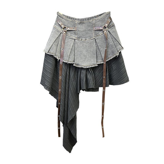 Retro Patchwork Denim Pleated Skirt $59.50 Dana Fashion Color: Black And Gray Size: L Women's clothing Product information: Color: vintage blue, black and gray Elasticity: Micro elasticity Main fabric composition: denim Size: S,M,L,XL Skirt length: short