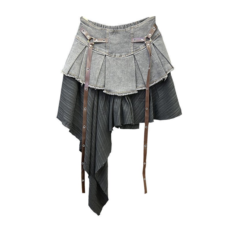 Retro Patchwork Denim Pleated Skirt $59.50 Dana Fashion Color: Black And Gray Size: L Women's clothing Product information: Color: vintage blue, black and gray Elasticity: Micro elasticity Main fabric composition: denim Size: S,M,L,XL Skirt length: short