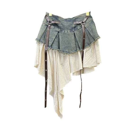 Retro Patchwork Denim Pleated Skirt $59.50 Dana Fashion Color: Black And Gray Size: L Women's clothing Product information: Color: vintage blue, black and gray Elasticity: Micro elasticity Main fabric composition: denim Size: S,M,L,XL Skirt length: short