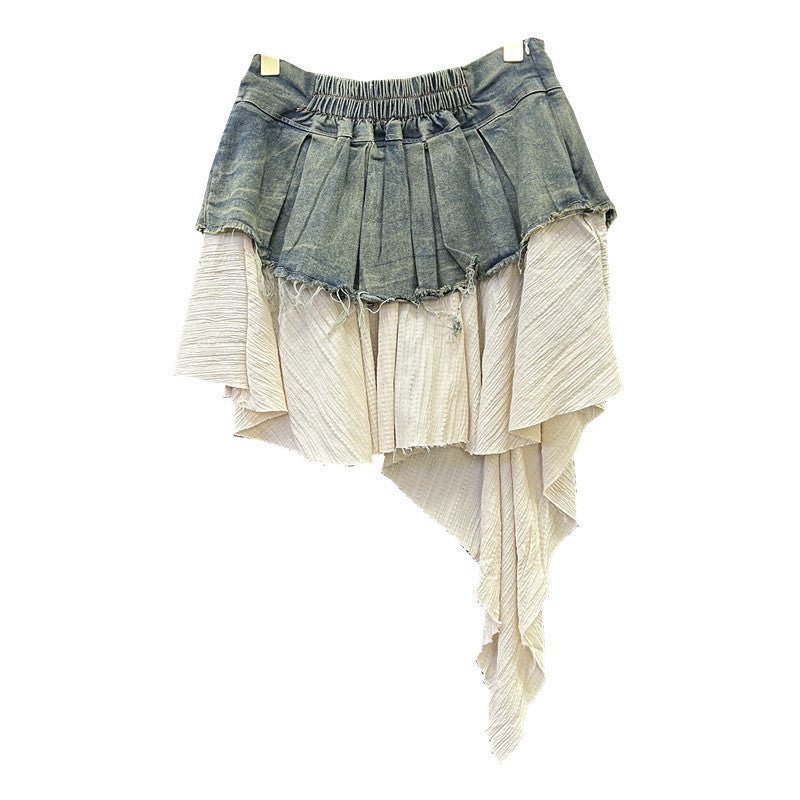 Retro Patchwork Denim Pleated Skirt $59.50 Dana Fashion Color: Black And Gray Size: L Women's clothing Product information: Color: vintage blue, black and gray Elasticity: Micro elasticity Main fabric composition: denim Size: S,M,L,XL Skirt length: short