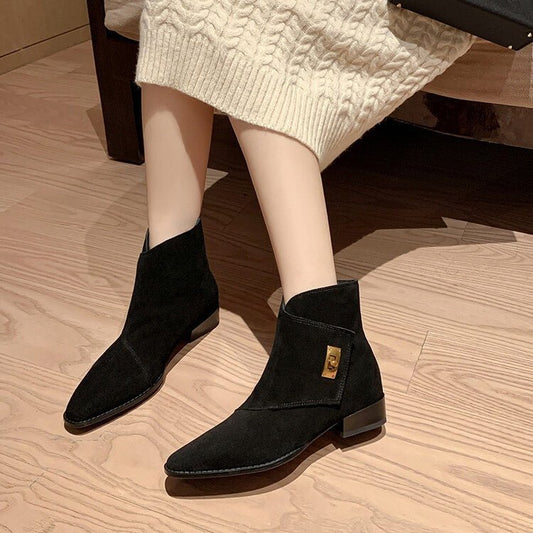 Retro Reversible Cowhide Metal Buckle Short Chunky Heel BootsDana FashionDana Fashion{{ product_title Women's shoes }} - Dana Fashion