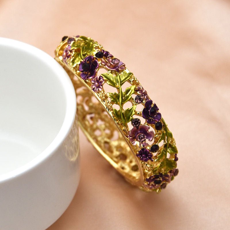 Retro Rose Diamond Studded Hollow Alloy Cloisonne Antique Painted Bracelet For Women $21.38 Dana Fashion Color: 02 Purple 1493 Women's Accessories Product information: Treatment Process: Electroplating Color: 01 red 1492,02 purple 1493,03 blue 1494,04 col