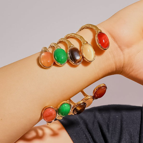 Retro Titanium Steel Plated 18K Bilateral Oval Color Natural Stone Open Irregular Adjustable Bracelet $19.00 Dana Fashion Color: Style 1 Women's Accessories Product information: Treatment Process: Electroplating Material: titanium steel Style: Retro Popul