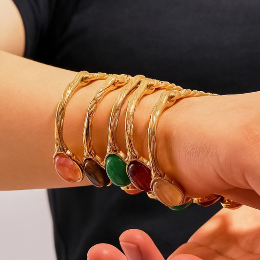 Retro Titanium Steel Plated 18K Bilateral Oval Color Natural Stone Open Irregular Adjustable Bracelet $19.00 Dana Fashion Color: Style 1 Women's Accessories Product information: Treatment Process: Electroplating Material: titanium steel Style: Retro Popul