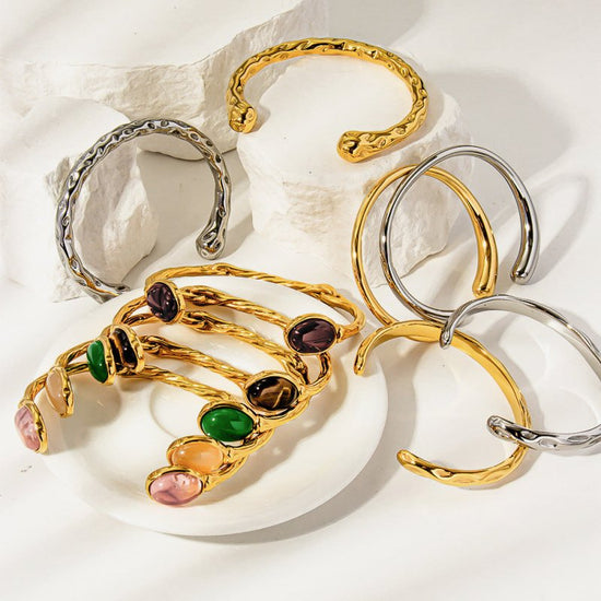 Retro Titanium Steel Plated 18K Bilateral Oval Color Natural Stone Open Irregular Adjustable Bracelet $19.00 Dana Fashion Color: Style 1 Women's Accessories Product information: Treatment Process: Electroplating Material: titanium steel Style: Retro Popul