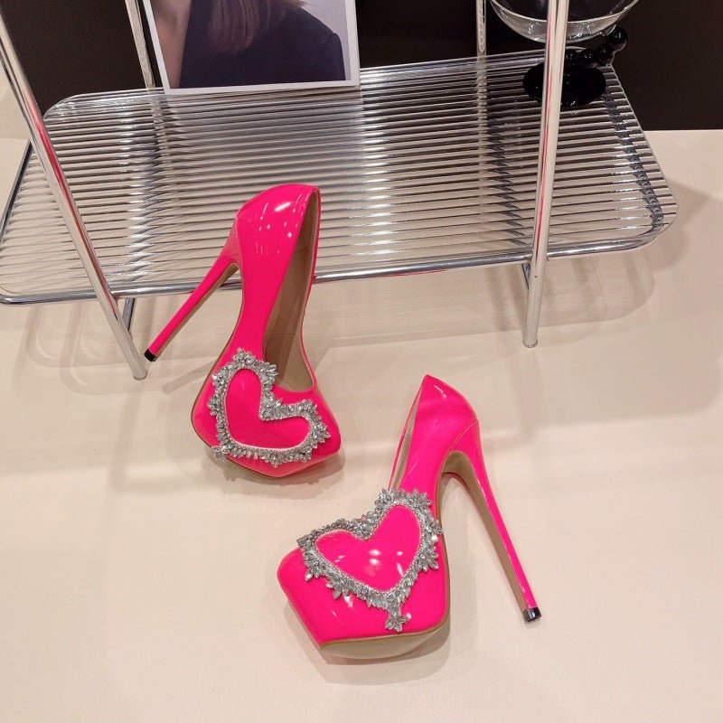 Rhinestone Love Heart Waterproof Platform High Heels $75.50 Dana Fashion Color: Rose Red Size: 35 Women's shoes Product information: Lining material: PU Scaffold shape: round head Color: Black, Rose Red Upper material: PU High heels: high heels Size: 35.3