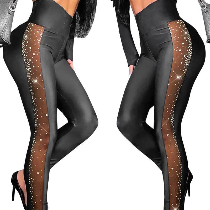 Rhinestone Mesh Stitching Tight Casual Trousers $85.00 Dana Fashion Color: Black Size: L Women's clothing Product information: Pattern: urban style Color: Black, fabric: PU leather + 40D polyester ammonia 95% polyester + 5% ammonia Size: S,M,L,XL Popular