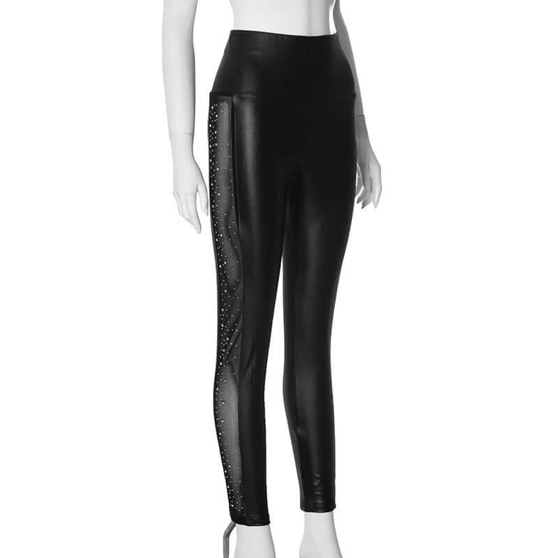 Rhinestone Mesh Stitching Tight Casual Trousers $85.00 Dana Fashion Color: Black Size: L Women's clothing Product information: Pattern: urban style Color: Black, fabric: PU leather + 40D polyester ammonia 95% polyester + 5% ammonia Size: S,M,L,XL Popular