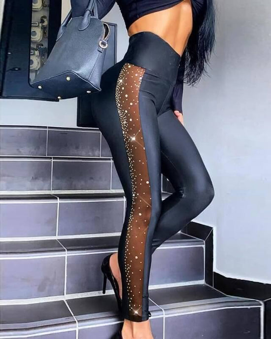 Rhinestone Mesh Stitching Tight Trousers $69.50 Dana Fashion Color: Black size: L Women's clothing Product information: Color: Black Main fabric composition: Spandex Size: S,M,L,XL Pants type: loose type Size: Note: 1. Asian sizes are 1 to 2 sizes smaller