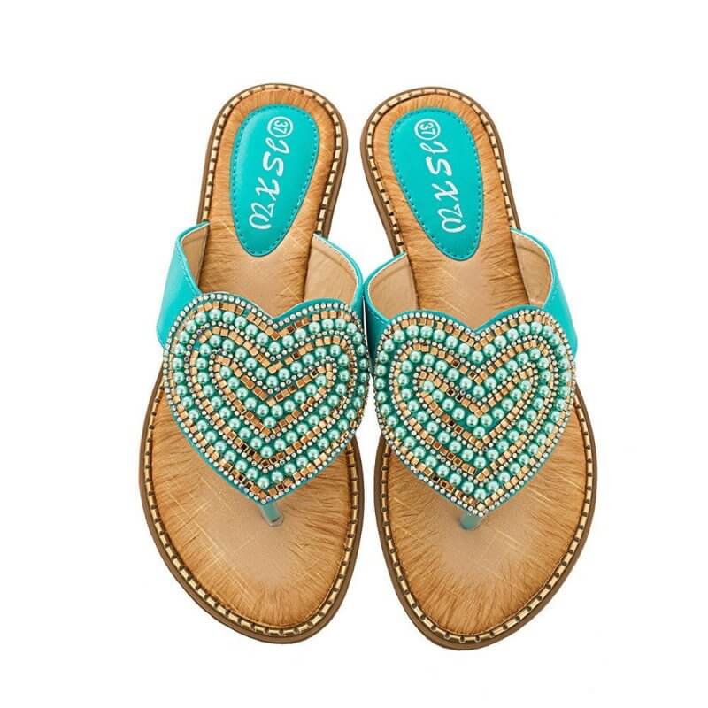 Rhinestone Pearl Women's Shoes Love Flip-flops Women $27.04 Dana Fashion Color: Green Size: 36 Women's shoes Product information: Pattern: heart-shaped Color: white, red, blue, black, pink, apricot, Green Heel height: low heel (1-3CM) Heel shape: Wedge Si