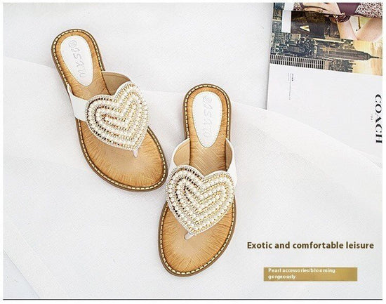 Rhinestone Pearl Women's Shoes Love Flip-flops Women $27.04 Dana Fashion Color: Apricot Size: 36 Women's shoes Product information: Pattern: heart-shaped Color: white, red, blue, black, pink, apricot, Green Heel height: low heel (1-3CM) Heel shape: Wedge