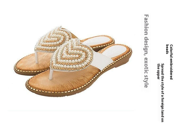 Rhinestone Pearl Women's Shoes Love Flip-flops Women $27.04 Dana Fashion Color: Apricot Size: 36 Women's shoes Product information: Pattern: heart-shaped Color: white, red, blue, black, pink, apricot, Green Heel height: low heel (1-3CM) Heel shape: Wedge