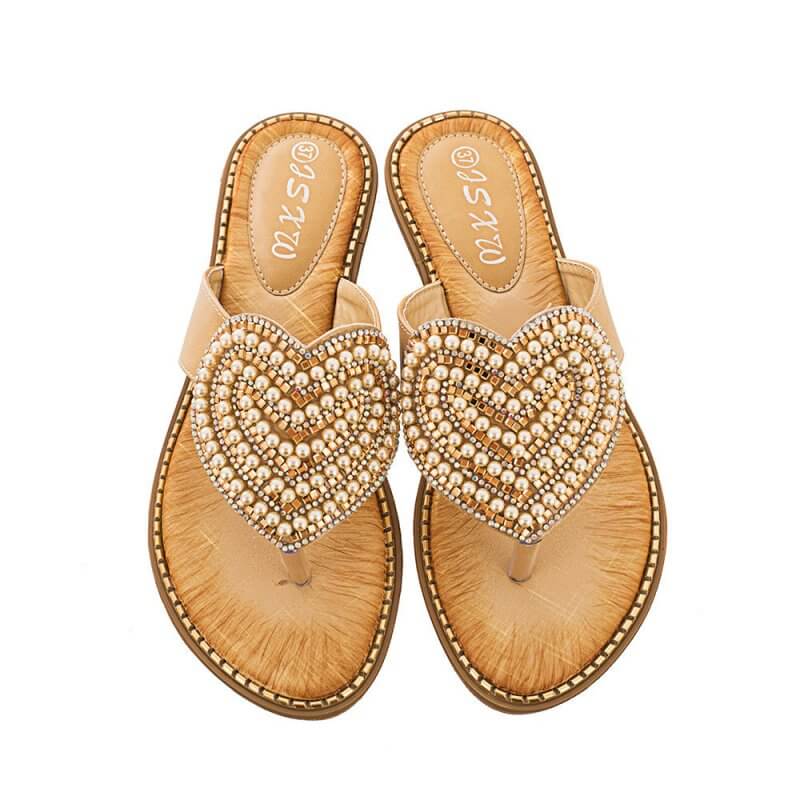 Rhinestone Pearl Women's Shoes Love Flip-flops Women $27.04 Dana Fashion Color: Apricot Size: 36 Women's shoes Product information: Pattern: heart-shaped Color: white, red, blue, black, pink, apricot, Green Heel height: low heel (1-3CM) Heel shape: Wedge