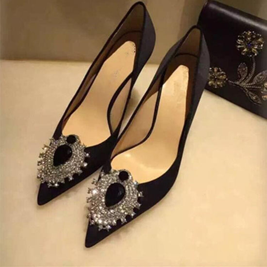 Rhinestone Pointed Toe High Heels Wedding Red Silk And Satin Shallow Mouth Women's Shoes $68.90 Dana Fashion Color: Black 9cm Size: 32 Women's shoes Product information: Pattern: solid color Lining material: imitation leather Color: Black 7cm, red 7cm, li
