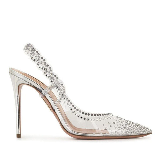 Rhinestone Pointed Toe Low-cut High Heels Rear Empty Stiletto Heel Pumps $52.50 Dana Fashion Color: Transparent Silver 8cm Size: 34 Women's shoes Product information: Toe holder shape: Pointed Color: transparent silver 8cm Shoe Upper material: Microfiber