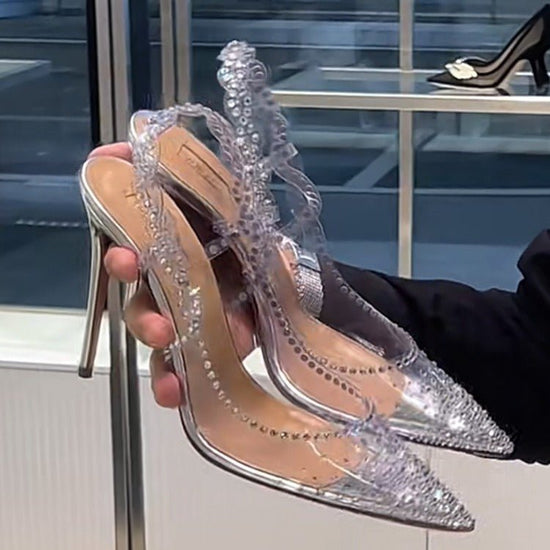 Rhinestone Pointed Toe Low-cut High Heels Rear Empty Stiletto Heel Pumps $52.50 Dana Fashion Color: Transparent Silver 8cm Size: 34 Women's shoes Product information: Toe holder shape: Pointed Color: transparent silver 8cm Shoe Upper material: Microfiber